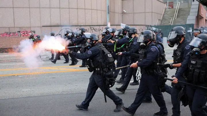 An animated gif of scenes of violent confrontation and/or peaceful protest in various neighborhood of Los Angeles, probably on Saturday June 7, 2025.