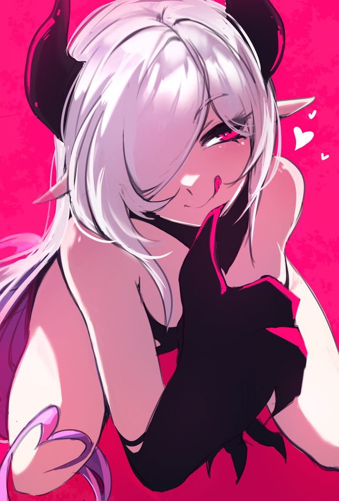 Succubus lady sitting down with her clawed finger pointing to her lips. She's also licking her lips :) 