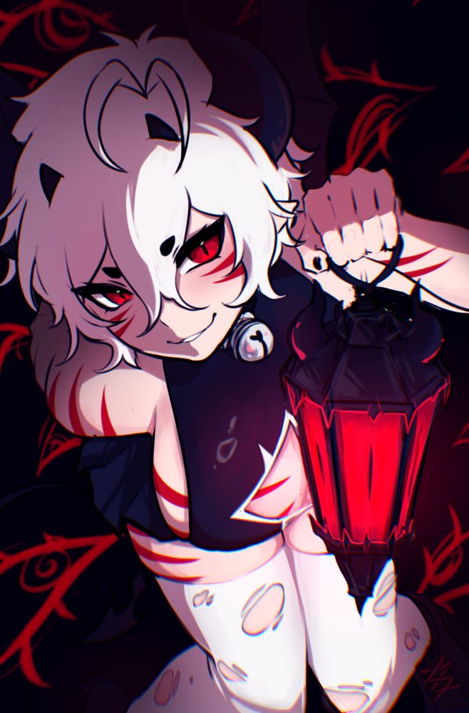 Blaire holding up a lantern to the viewer with a bunch of creepy eyes in the background.