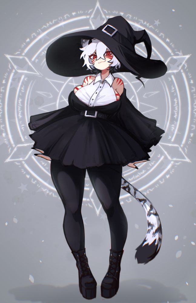 Blaire in a witchy outfit with white tiger cat ears and a tail