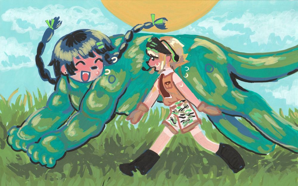 a big green sphinx girl and her human friend are frolicking through a field on a sunny day