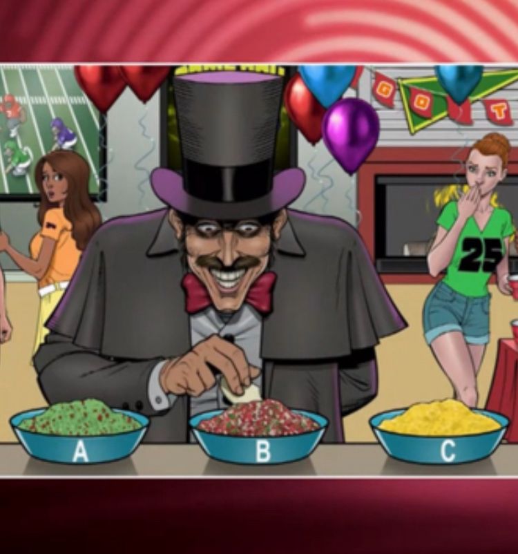 A man named Jack the Dipper hovers over guacamole, salsa and queso with a chip. He wears a black coat, red bow tie and top hat. He has a mustache and a grin.