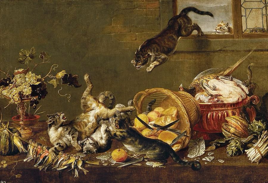 cats attacking a larder, an old painting where a fuck shit of cats is going ham
on a whole medieval pantry
