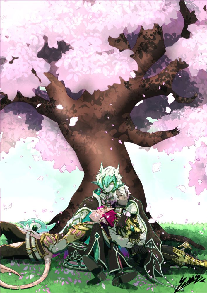 Talin (Pink bard tiefling), Sylvaliam (Blue/Fucsia magician tiefling) and Maesstro (Black and purple conductor tiefling) resting together on a cherry blossom tree.