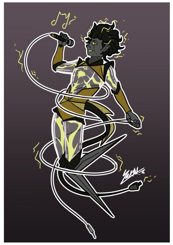 Commisioned digital drawing of Joules, an OC owned by RainyNOISE.
They are a robot made of metal and glass with electricity flowing through their body. They are singing holding a microphone and surrounded by yellow sparks.