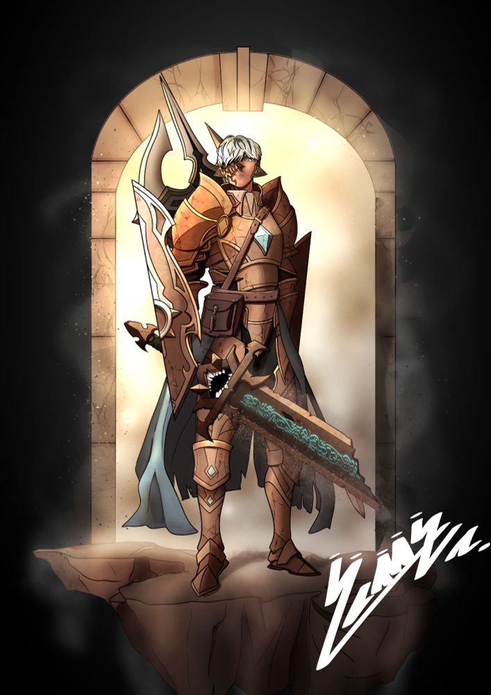 Drawing of my DnD OC Mekaela;

A tanned skin elf with dark to white medium lenght hair and black veins around the right side of their face. They wear a big rusty armor and carry a broken greatsword with a big mouth in the crossguard.

They are standing determined in front of a big door with white mist coming out of it.