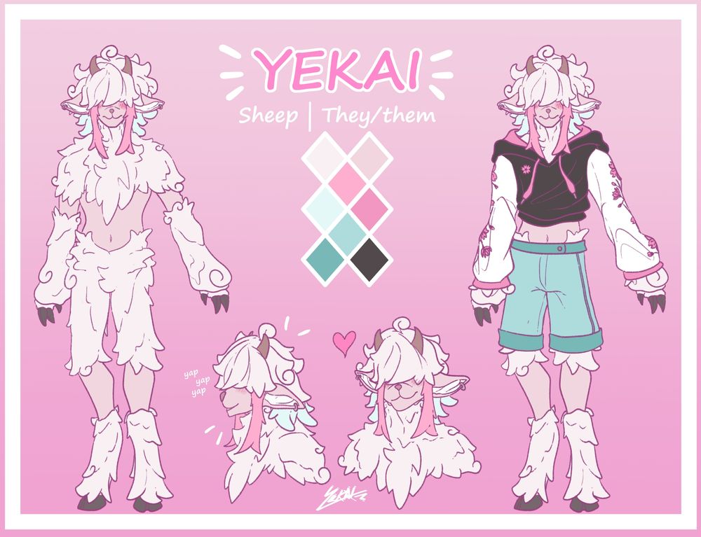 Digital drawing of an antropomorphic sheep with pink skin and pale pink almost white wool. The hair made of wool cover their eyes.

On the left is a drawing without clothes and on the right the same one but with a black and white with cherry blossom patterns crop hoodie and aquamarine shorts.