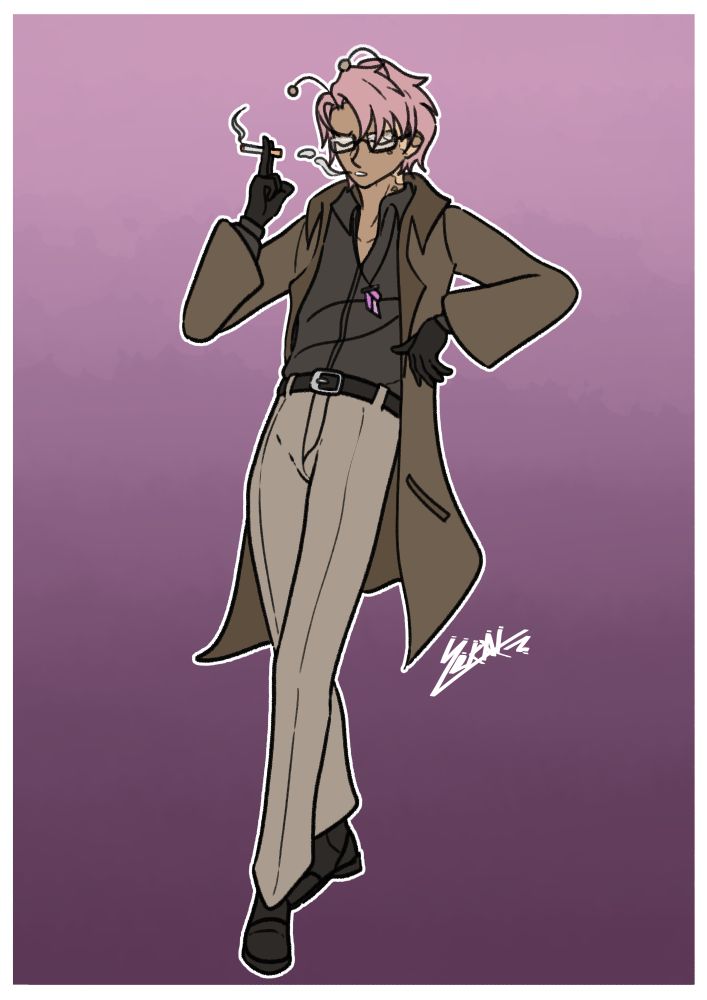 Digital drawing of Loafleyy's character Oliver, a pink haired man with ant like antenna wearing a brown coat and smoking.