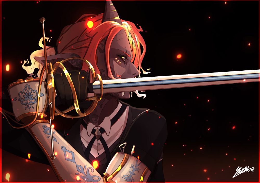 Digital half body drawing of Asher, an ash genashi tall men with ashy gray skin, red to white mid long hair in a bun and black butler clothes. He also has a prostethic porcelain arm.
He is facing left with a serious semblance, holding a white and gold rapier in an attack stance over a dark background with floating embers.