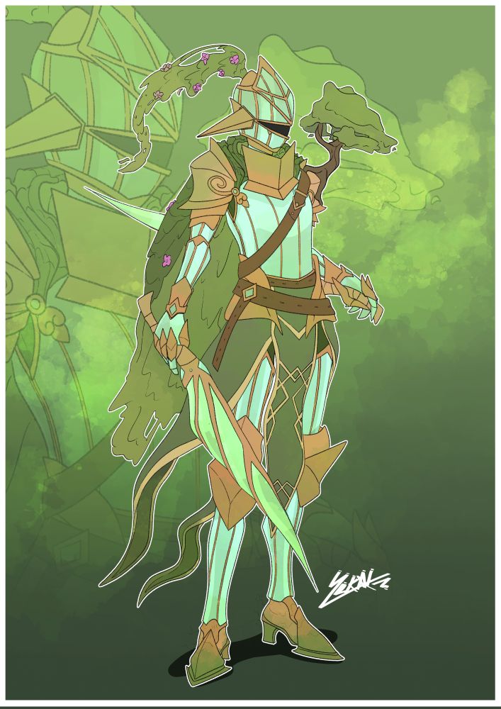 Digital drawing of an armored person wielding green glass dual swords resembling butterfly wings. The armor is made from greenhouse glass and copper and is covered in moss. They also have a long cape made of leaves and a small tree growing from their left shoulder.