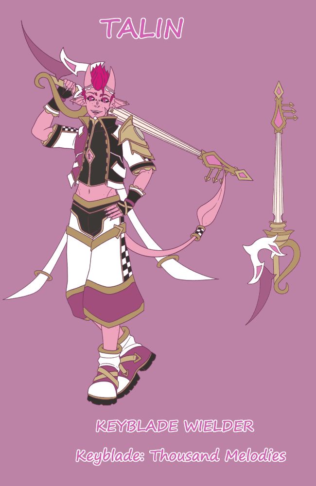 Drawwing of my OC Talin as a KH character.

They are a pink tiefling with both hair and eyes pink. They wear a jacket half pink and half black with white sleeves. They also wear big white and pink pants and shoes. They are holding a keyblade resembling a violin.