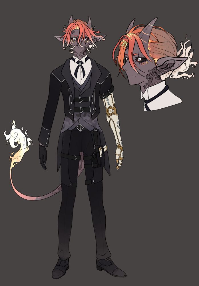 Digital drawing of an ash genashi tall men with ashy gray skin, red to white mid long hair in a bun and black butler clothes. He also has a prostethic porcelain arm.