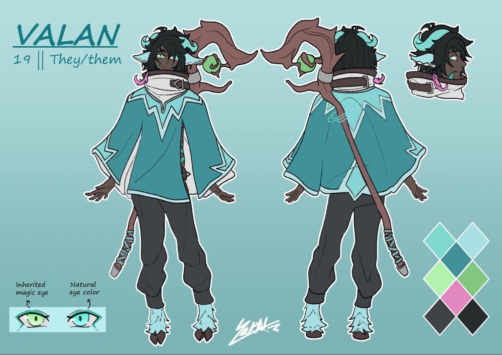 Reference page of my OC Valan that includes them in front and back view and a face profile.
They are a dark skinned person with sheep horns and ears. They wear a big blue poncho and long black pants. They have a big wooden staff with a green orb and are posing with a smile.