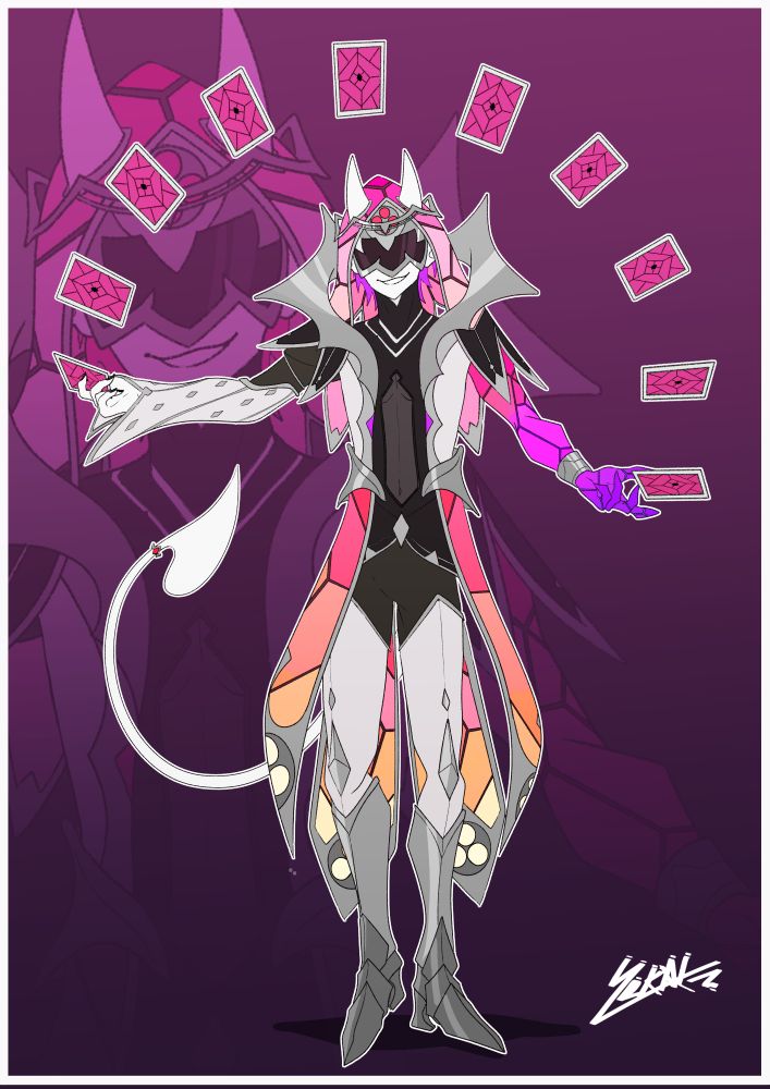 Digital drawing of Ace, a wild magic sorcerer tiefling with white skin. They wear a long stained glass tunic and veil and a black mask covering their face except for a smug smile. He has his left arm uncovered and its made of stained glass too. She is posing with their arms open and tarot card floating over him.