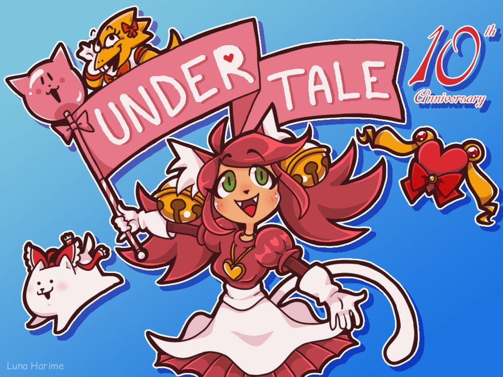 Artwork depicting several UNDERTALE characters, including Mew Mew, Alphys, the Annoying Dog, and the SOUL. The latter three characters are dressed similarly to magical girls, to match with Mew Mew's aesthetic. Mew Mew is holding her staff with a banner attached reading "UNDERTALE", and text saying "10th Anniversary" is beside it.