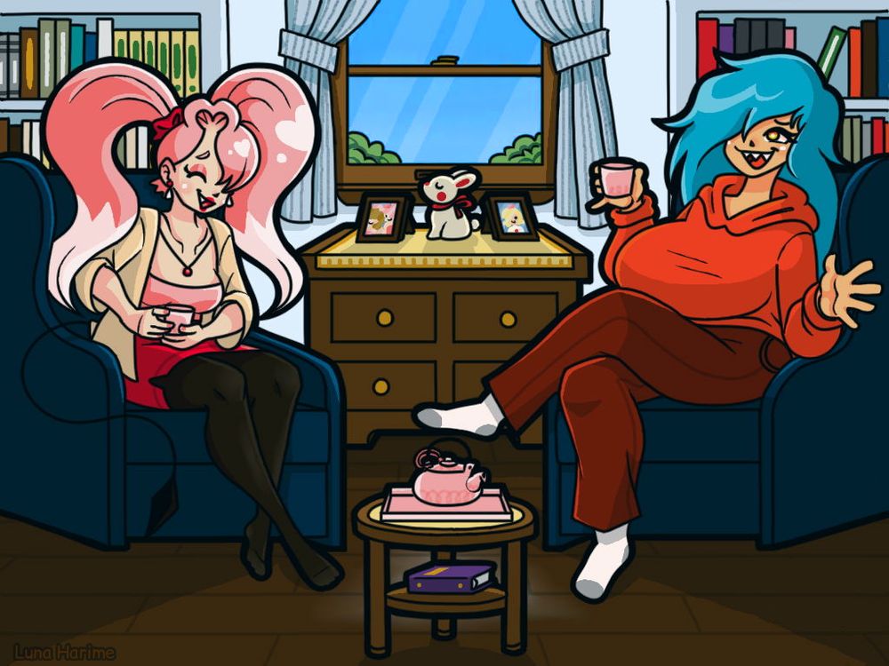 Artwork of two women sitting in chairs and holding a cup of tea. It's a clear bright day outside, and the two are in the middle of conversation and are enjoying their time.