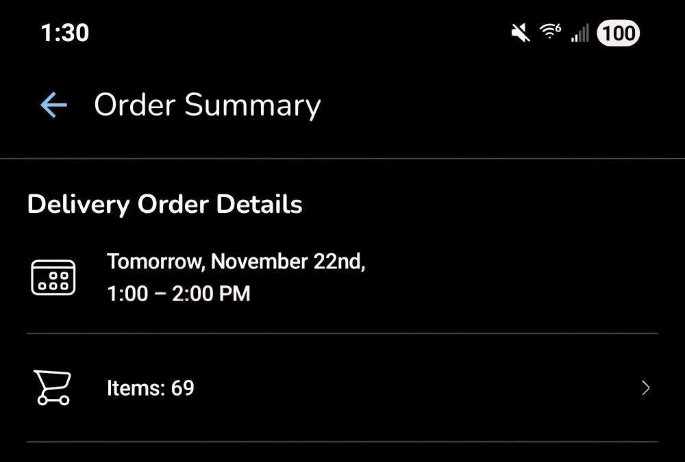 Screenshot of a grocery order showing 69 items.