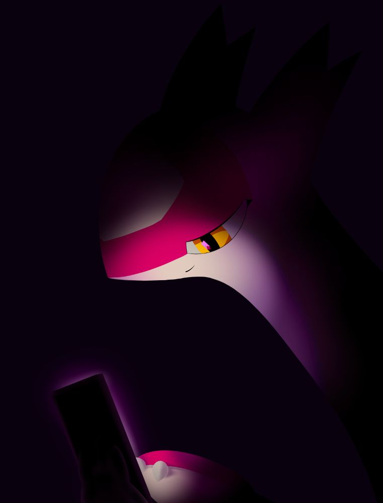 a sleepy latias pokes around on her phone in the dark. the light from the screen barely illuminates her face and the paw she's using to scroll. the screen reflects in her eye.