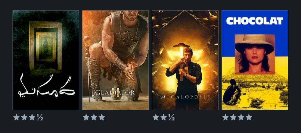 Posters of four movies. Masooda, Gladiator 2, Megalopolis and Chocolat