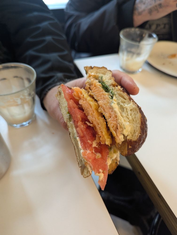 Salmon schnitzel sandwich on a challah bun, from the cafe Bou'ote in Bklyn