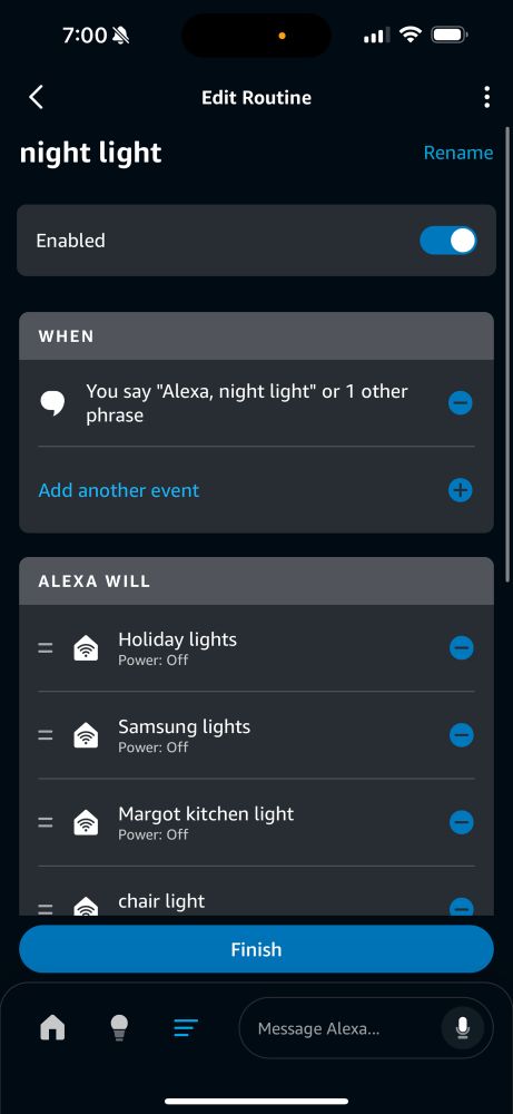 Edit routine screen on Alexa app, with primary button being finish. 