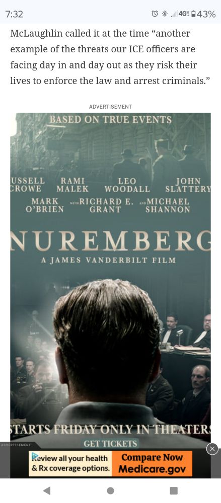 After scrolling down, the advertisement underneath the article is for the movie, "Nuremberg" about how Nazis were held responsible for their crimes
