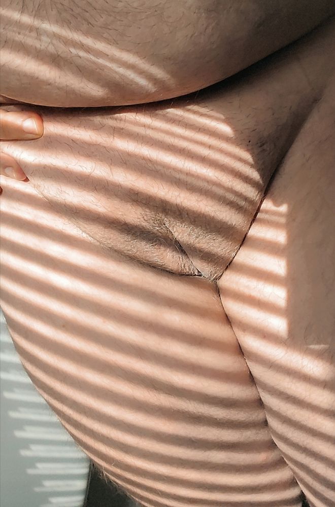 A nonbinary bear stands by the window with their pussy bathed in sunlight 