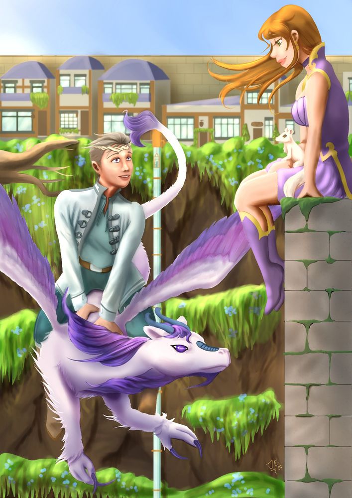 Tess and Zerien with Sunni the Fox squirrel and Dvalin the pegasdragon. Pictured in a chasm with a city surrounding the edge