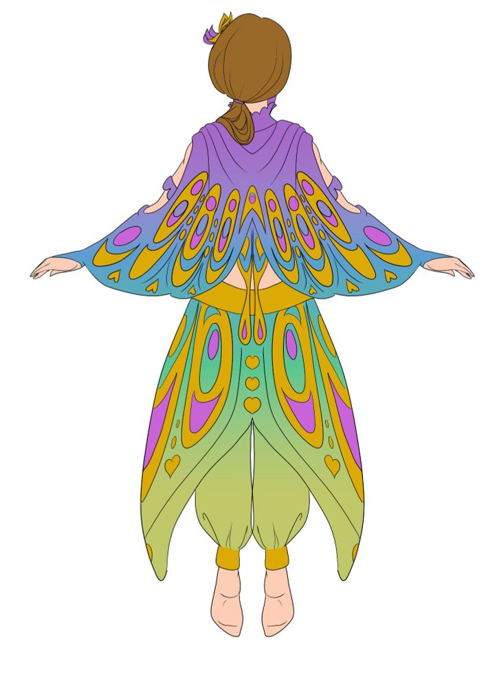 Mid-drift outfit with butterfly shaped sleeves and skirt over cuffed loose pants. Back view