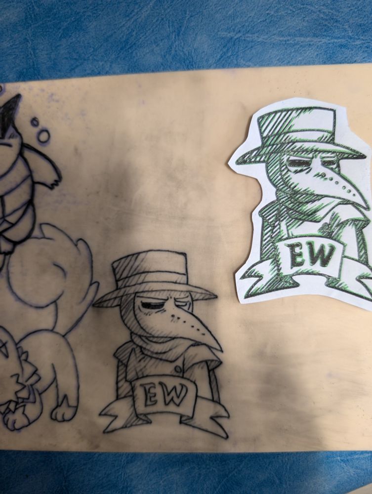 First and slightly rushed practice of my plague doctor design, who is squinting in disgust with a ribbon beneath him saying "Ew"