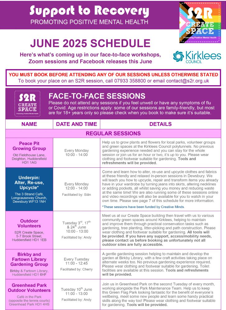 Front page of the June activity schedule from S2R Support to Recovery