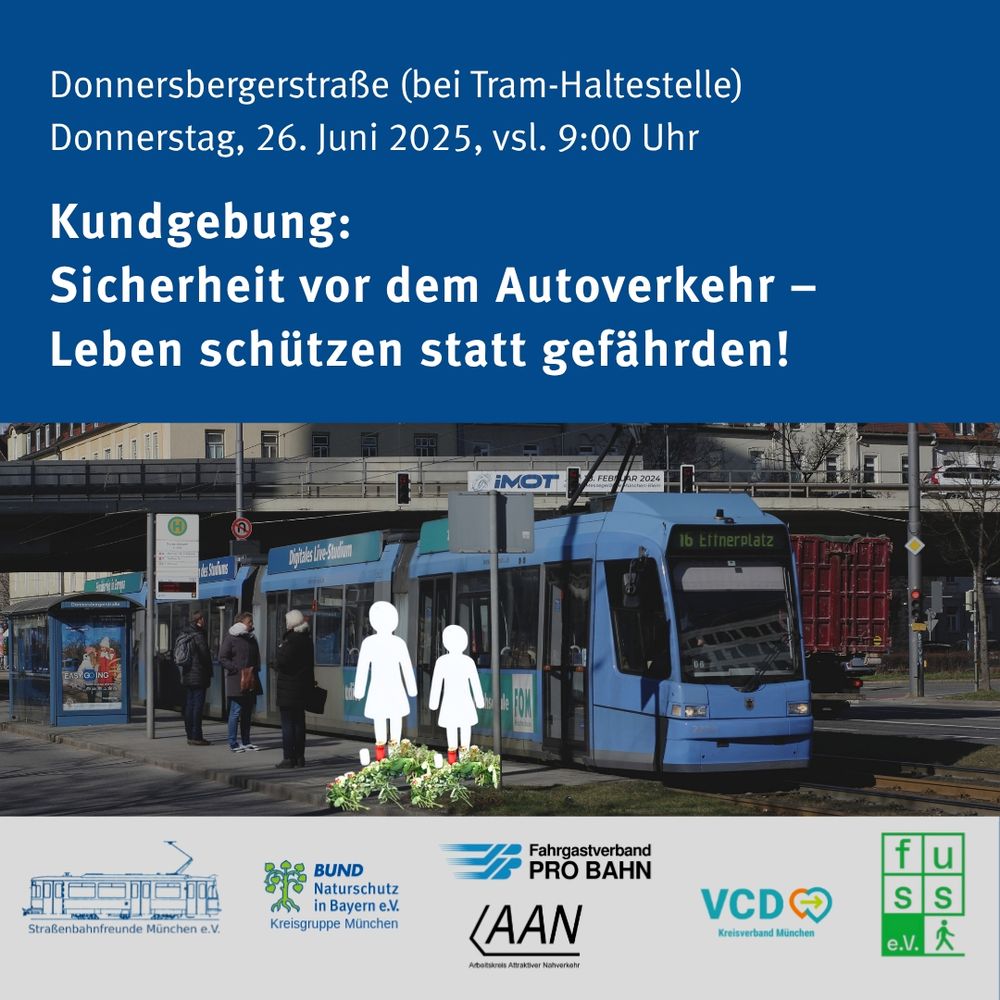 Das Bild zeigt eine blaue Trambahn an einer Haltestelle. Davor zwei weiße Siluetten von zwei Menschen mit Blumen und Kerzen. Darüber die Ankündigung für die Kundgebung am Donnerstag, 26. Juni um 9 Uhr an der Tramhaltestelle Donnersbergerbrücke. 
