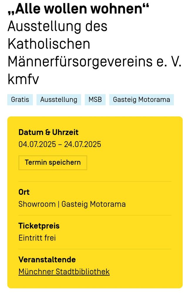 Screenshot der Website des Gasteig mit Hinweis auf die kostenlose Ausstellung "Alle wollen wohnen" im Showroom des Motorama.