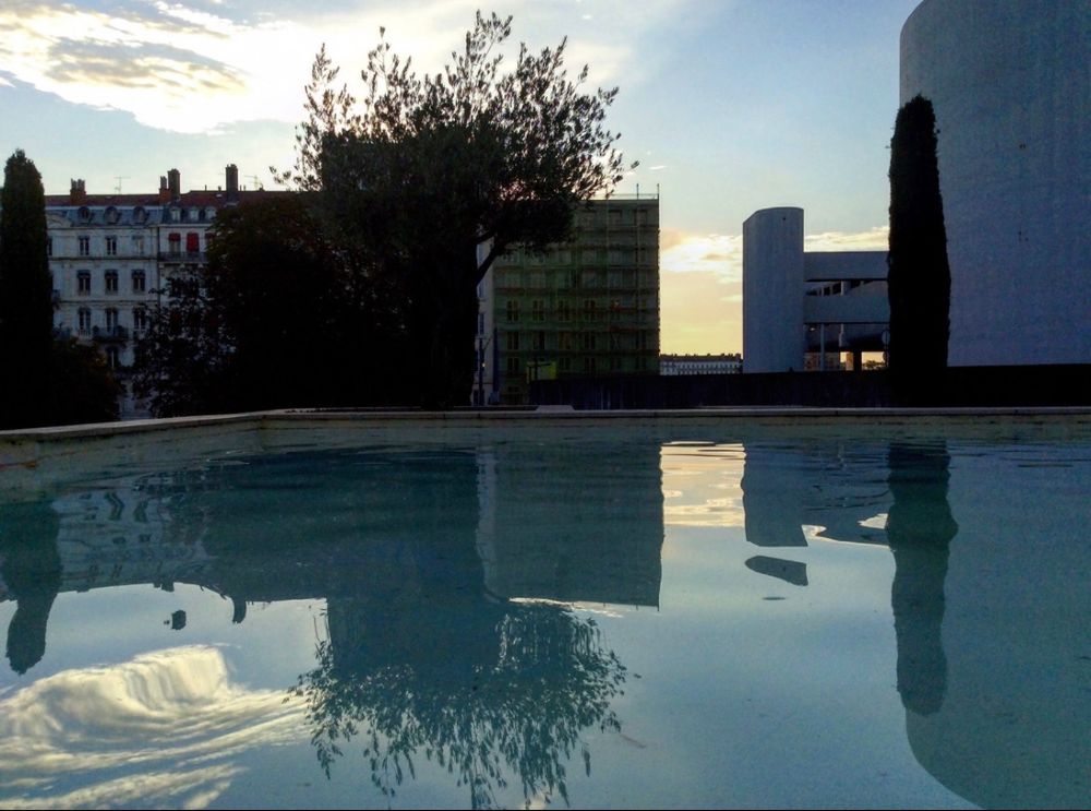 L’aurore.
Reflets d’immeubles et d’arbres, gare de Perrache, Lyon.
Ou comment apporter de la poésie à l’urbanisme laid.
