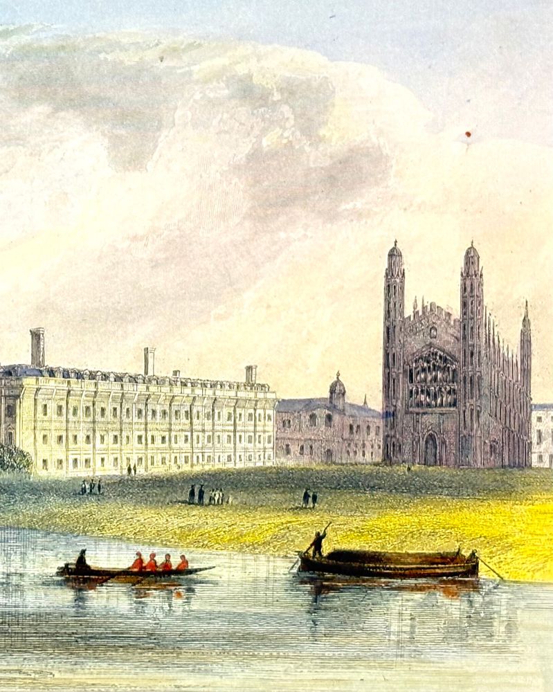 Detail of a watercolour of The Backs, Cambridge, showing the river with a punt and a boat, Clare College, the old University Library and King’s College Chapel. The grass is a vivid chartreuse.