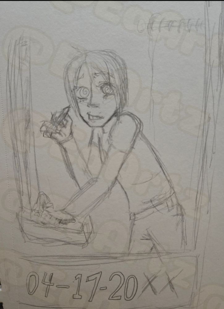 An unfinished (but will be) sketch. A poloroid of teenaged Hizashi getting ready, his hair down as he look at the camera in surprise. His hair long in the front and shorter in the back. In his right hand is an eyeliner pencil, his left hand on the bathroom sink.