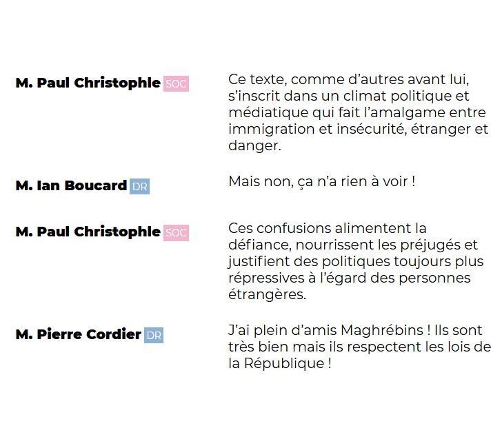 "M. Paul Christophe (SOC): Ce texte, comme d'autres avant lui, s'inscrit dans un climat politique et médiatique qui fait l'amalgame entre immigration et insécurité, étranger et danger.

M. Ian Boucard (DR): Mais non, ça n'a rien à voir !

M. Paul Christophe (SOC): Ces confusions alimentent la défiance, nourrissent les préjugés et justifient des politiques toujours plus répressives à l'égard des personnes étrangères.

M. Pierre Cordier (DR): J'ai plein d'amis Maghrébins ! Ils sont très bien mais ils respectent les lois de la République !"