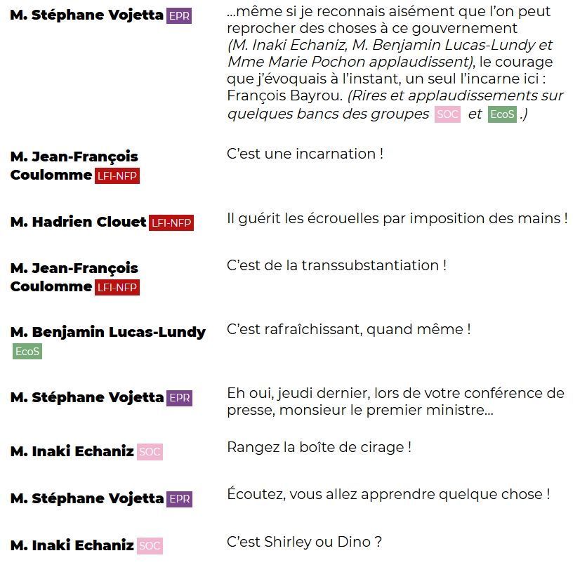"M. Stéphane Vojetta (EPR): ...même si je reconnais aisément que l'on peut reprocher des choses à ce gouvernement (M. Inaki Echaniz, M. Benjamin Lucas-Lundy et Mme Marie Pochon applaudissent), le courage que j'évoquais à l'instant, un seul l'incarne ici : François Bayrou. (Rires et applaudissements sur quelques bancs des groupes SOC et EcoS.)

M. Jean-François Coulomme (LFI-NFP): C'est une incarnation !

M. Hadrien Clouet (LFI-NFP): Il guérit les écrouelles par imposition des mains !

M. Jean-François Coulomme (LFI-NFP): C'est de la transsubstantiation !

M. Benjamin Lucas-Lundy (EcoS): C'est rafraîchissant, quand même !

M. Stéphane Vojetta (EPR): Eh oui, jeudi dernier, lors de votre conférence de presse, monsieur le premier ministre...

M. Inaki Echaniz (SOC): Rangez la boîte de cirage !

M. Stéphane Vojetta (EPR): Écoutez, vous allez apprendre quelle chose !

M. Inaki Echaniz (SOC): C'est Shirley ou Dino ?"