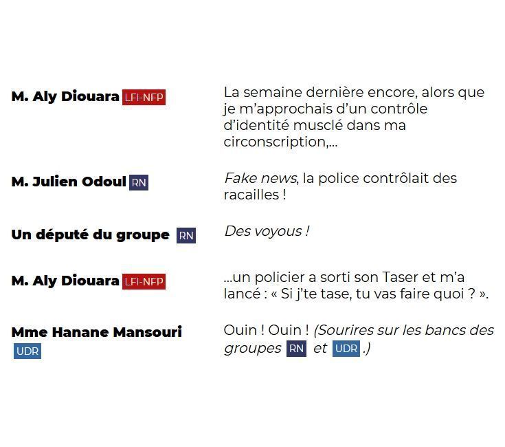 M. Aly Diouara (LFI-NFP): La semaine dernière encore, alors que je m'approchais d'un contrôle d'identité musclé dans ma circonscription,...

M. Julien Odoul (RN): Fake news, la police contrôlait des racailles !

Un député du groupe (RN): Dès voyous !

M. Aly Diouara (LFI-NFP): ...un policier a sorti son Taser et m'a lancé : « Si j'te tase, tu vas faire quoi ? ».

Mme Hanane Mansouri (UDR): Ouin ! Ouin ! (Sourires sur les bancs des groupes RN et UDR.)