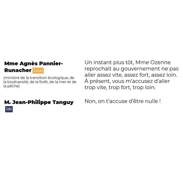 Mme Agnès Pannier-Runacher (Gouv) (ministre de la transition écologique, de la biodiversité, de la forêt, de la mer et de la pêche): Un instant plus tôt, Mme Ozenne reprochait au gouvernement ne pas aller assez vite, assez fort, assez loin. À présent, vous m'accusez d'aller trop vite, trop fort, trop loin.

M. Jean-Philippe Tanguy (RN): Non, on t'accuse d'être nulle !