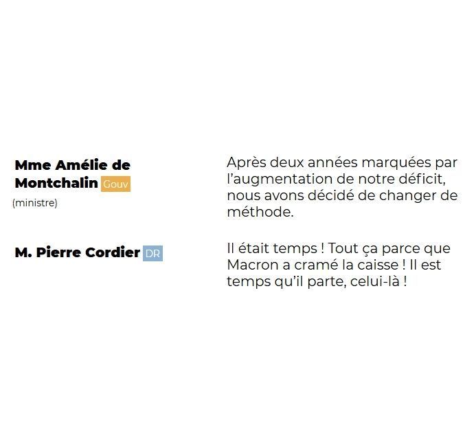 Mme Amélie de Montchalin (Gouv) (ministre) Après deux années marquées par l’augmentation de notre déficit, nous avons décidé de changer de méthode.

M. Pierre Cordier (DR) Il était temps ! Tout ça parce que Macron a cramé la caisse ! Il est temps qu’il parte, celui-là !