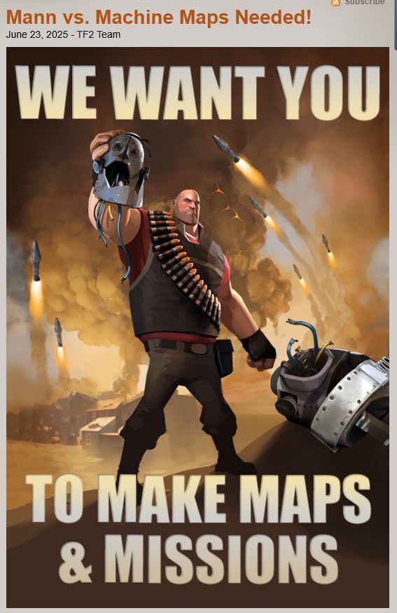 The blog post from teamfortress.com addressing the community that Valve wants brand new MvM maps and missions