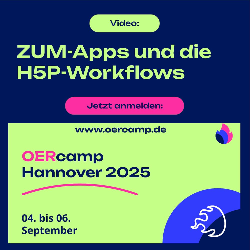 Text im OERcamp-Design:

Video:
ZUM-Apps und die H5P-Workflows

Jetzt anmelden:
www.oercamp.de
OERcamp
Hannover 2025
04. bis 06. September

