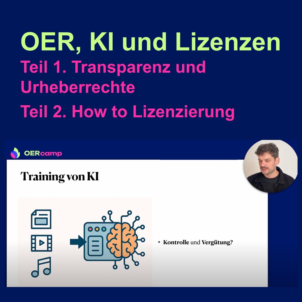 Titel: OER, KI und Lizenzen – Teil 1: Transparenz und Urheberrechte
„OER, KI und Lizenzen – Teil 2: How to Lizenzierung“

Bild: digitale Präsentation mit der Überschrift: „Training von KI“ Untertitel „Kontrolle und Vergütung?