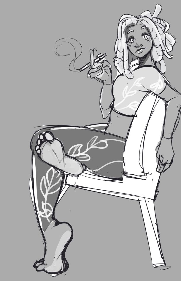 A grayscale image of one of my OCs, leaning back on a chair while taking a smoke break. She is a Black human woman wearing a cropped t-shirt and jeans with a mint motif and barefoot. One arm hangs over the back of the chair while the other holds the cigarette.