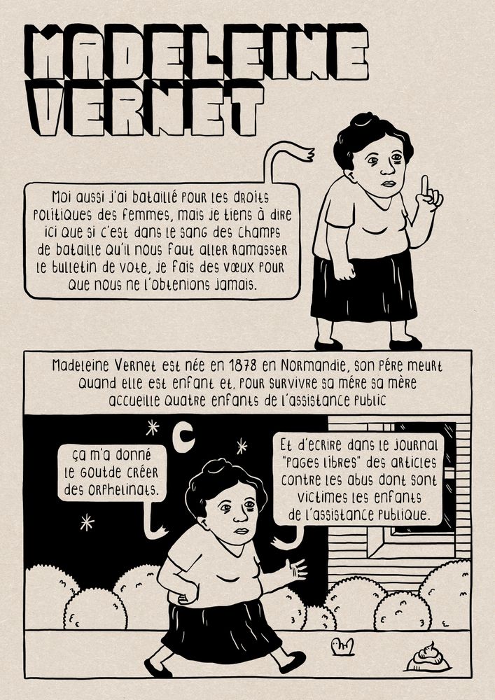 1ere page d'une Bédé de 4 pages sur Madeleine Vernet que l'on peut retrouver en entier sur mon blog en suivant le lien.
C'est une planche en Noir sur fond matiéré marron clair ou on voit Madeleine Vernet qui raconte le début de sa biographie.