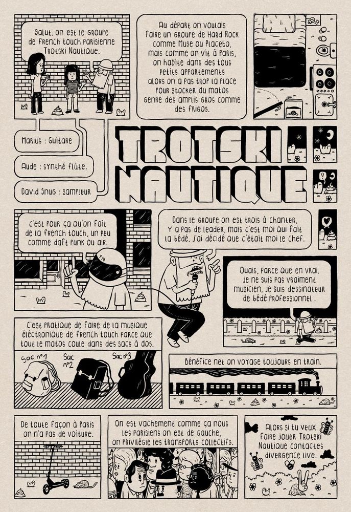 Bédé en noir sur fond marron matiéré
Présentation de mon groupe trotski nautique qui dit que si tu veux nous faire jouer tu peux contacter divergence live.