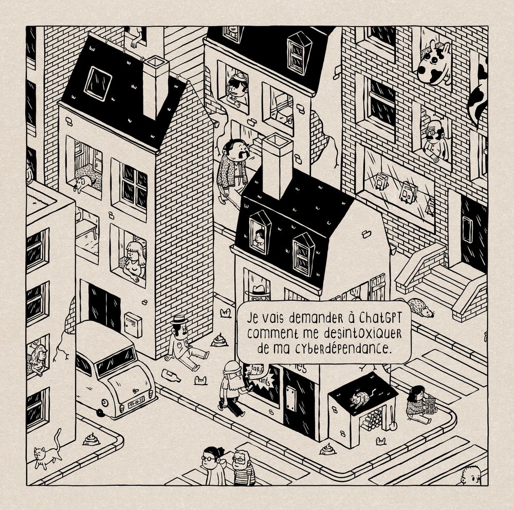 mon perso et dans la rue avec son téléphone à la main, il dit "je vais demander à chatGPT comment me desintoxiquer de ma cyberdépendance.
Dessin en Noir sur fond matiéré marron clair en perspective cavalière.