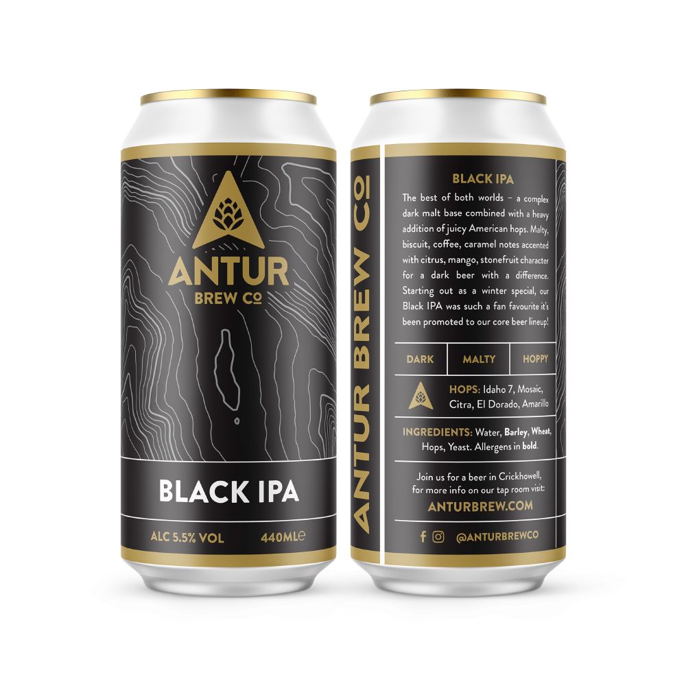 Two beer cans on a white background, to show the front and rear of the cans. The label is black with details picked out in gold and white. Antur Brew Co's logo is an upward pointing gold triangle with a black hop on it. The black label has contour lines picked out in white.