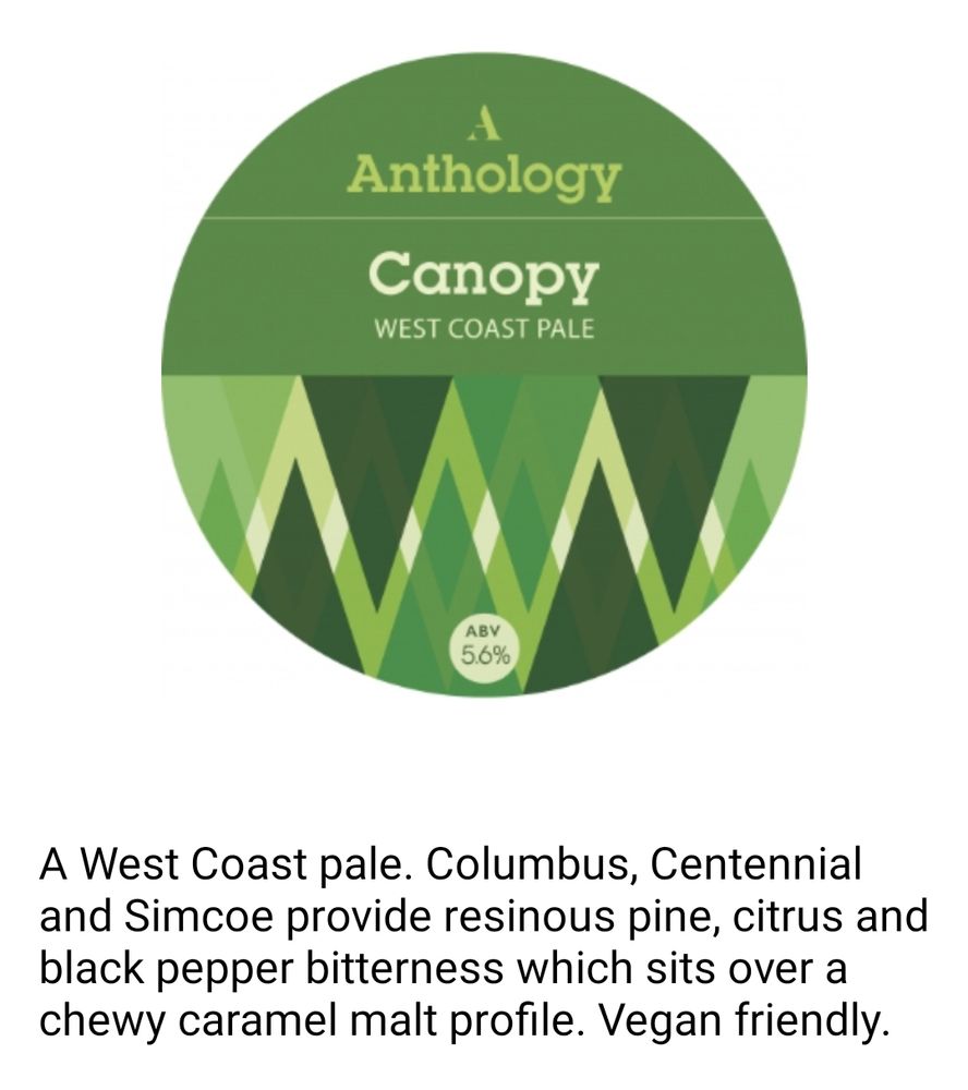 Green pump badge, bottom half is a pattern of intersecting triangles, the top half reads Anthology Canopy west coast pale.